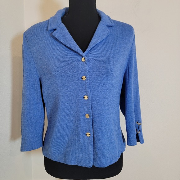 St. John Collection Jackets & Blazers - Y2K St. John Collection Santana Knit Blue Blazer Button Front Gold Academia Sz 8